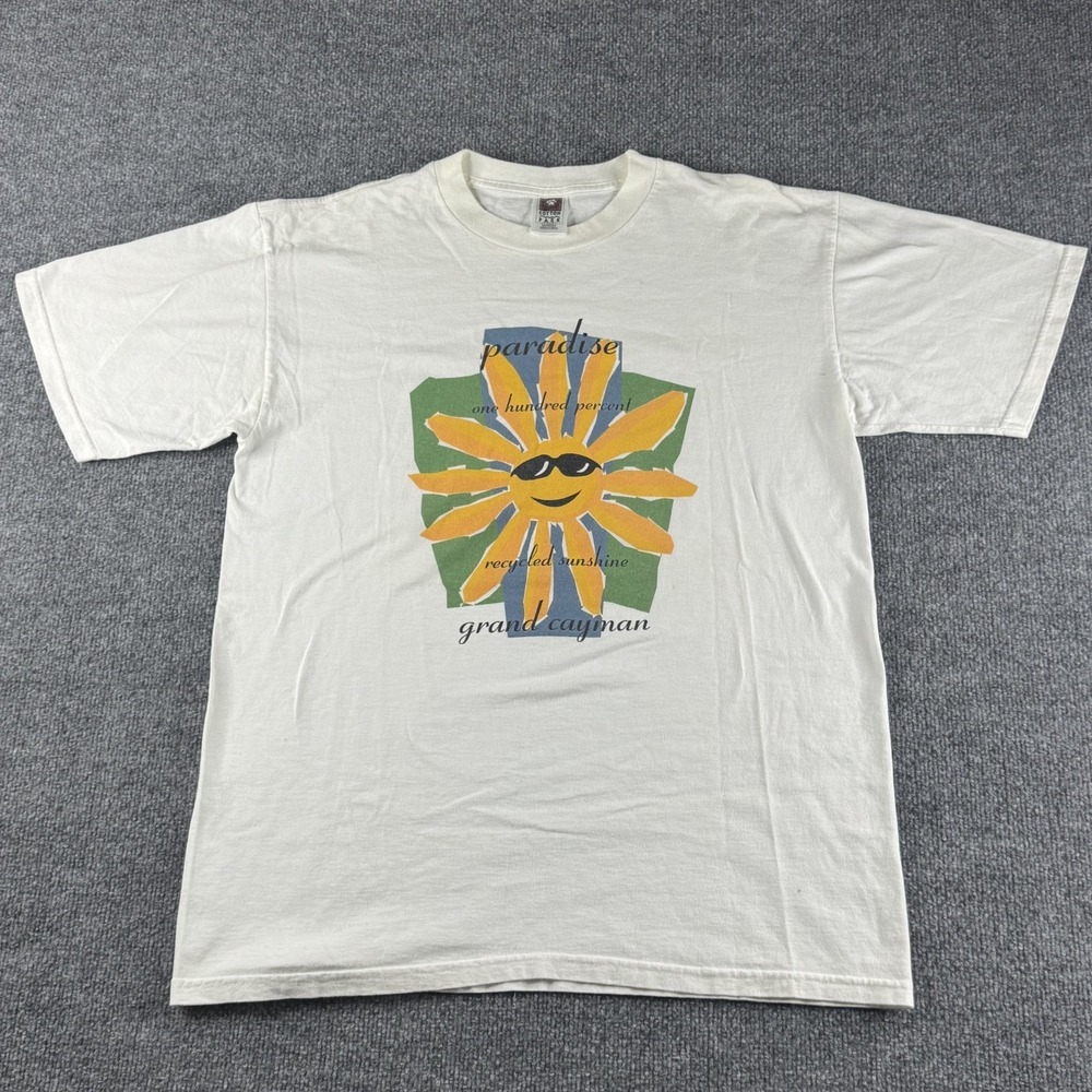 VINTAGE Grand Cayman Shirt Adult Large White Single Stitch Paradise Men 90s